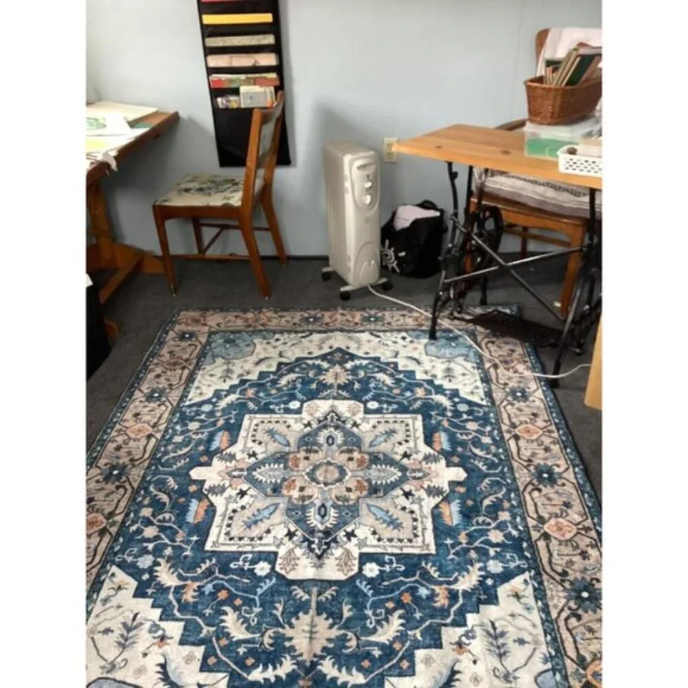 New 5x7 Blue Brown Boho Rug, Washable Soft Faux-Wool Vintage Medallion Carpet
